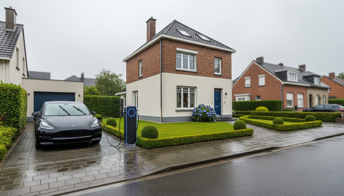 Straatbeeld met laadpaal op woning in Flandre