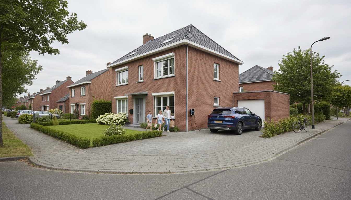 Straatbeeld met laadpaal op woning in Flandre