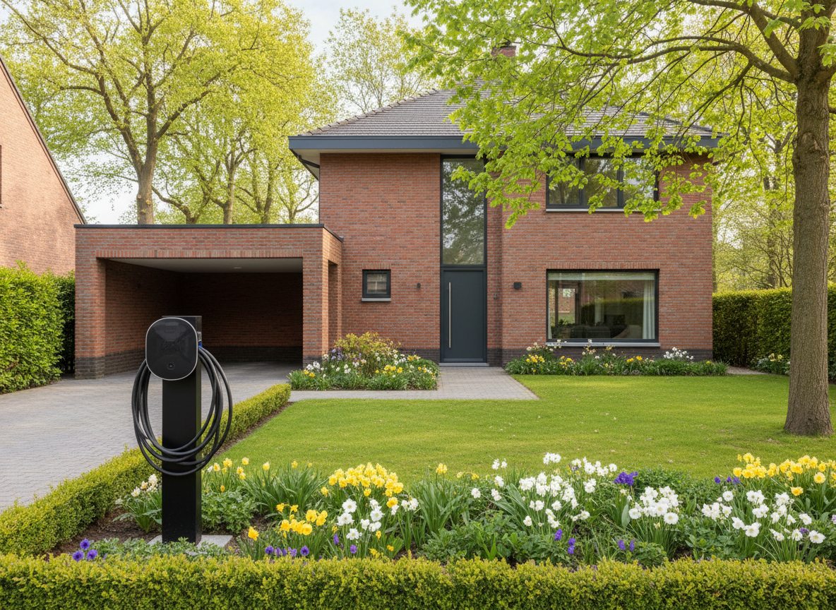 laadpaal installatie bij bakstenen woning in Flandre